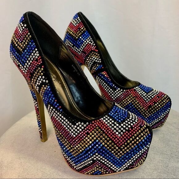 𝅺MASCOTTE red blue gold silver rhinestone embellished high heel platform pumps 7 - Picture 2 of 10